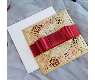 Metallic Golden four fold laser cut wedding invitation