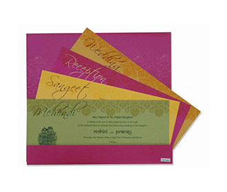 Modern Wedding Invitation in Pink with Embossed Motifs in Golden