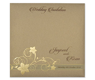 Modern floral Indian wedding card in golden brown colour