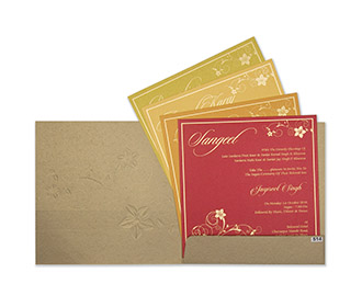 Modern floral Indian wedding card in golden brown colour
