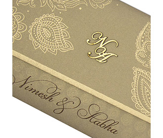 Modern Indian wedding card in brown & golden with paisley design