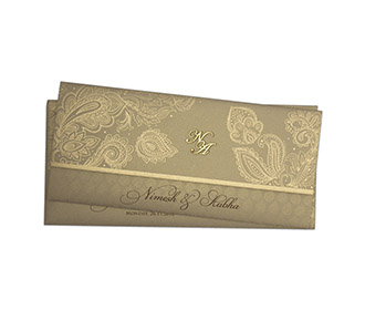 Modern Indian wedding card in brown & golden with paisley design