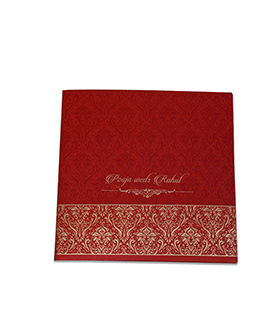 Modern Indian wedding card in Maroon with motifs in golden & maroon