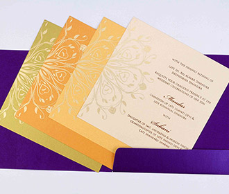 Modern indian wedding invite in purple floral design