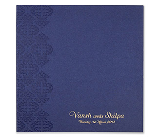 Multfaith Indian wedding card in royal blue & embossed floral motifs