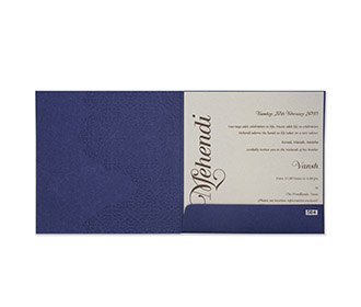 Multfaith Indian wedding card in royal blue & embossed floral motifs
