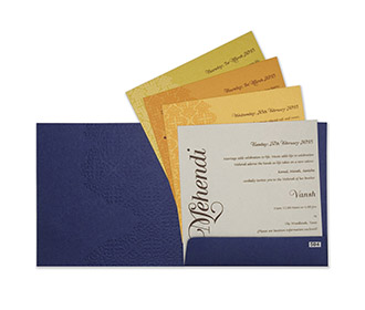 Multfaith Indian wedding card in royal blue & embossed floral motifs