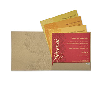 Multfaith Indian wedding card in Simmering brown & embossed floral motifs