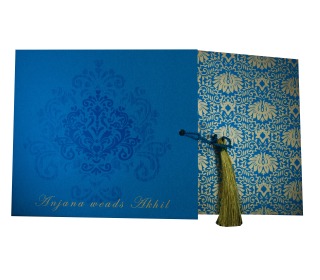 Multi faith Designer Wedding Card in Blue with Golden motifs