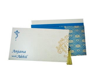 Multi faith Designer Wedding Card in Blue with Golden motifs