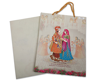 Multicolour wedding invitation card with couple in Indian attire