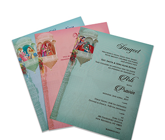 Multicolour wedding invitation card with couple in Indian attire