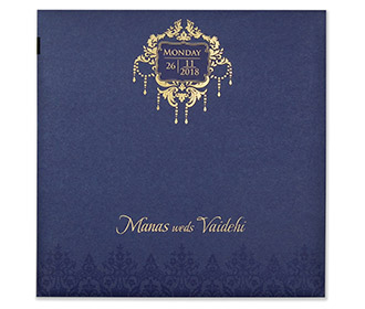 Multifaith designer wedding card in royal blue colour