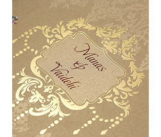 Multifaith designer wedding card in shiny light brown colour