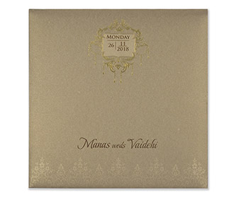 Multifaith designer wedding card in shiny light brown colour