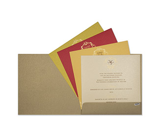 Multifaith designer wedding card in shiny light brown colour