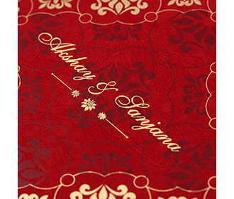 Multifaith floral wedding invitation card in red & golden colours.