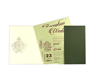 Multifaith green color wedding invite with designer motifs