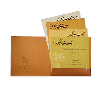 Multifaith hindu wedding card in orange with paisley design
