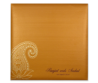 Multifaith hindu wedding card in orange with paisley design