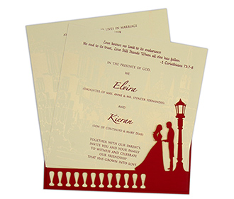Multifaith Indian engagement wedding Invite in red & beige color