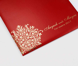 Multifaith Indian marriage card in maroon and golden