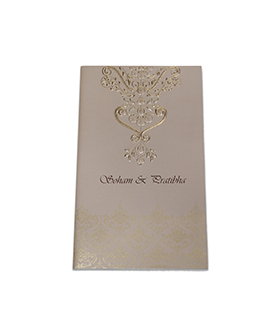 Multifaith Indian wedding card in golden beige with golden motifs