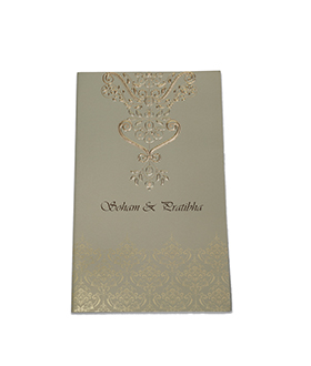 Multifaith Indian wedding card in metallic green with golden motifs