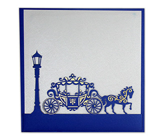 Multifaith Indian wedding card with a chariot in blue and Ivory color