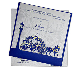 Multifaith Indian wedding card with a chariot in blue and Ivory color