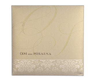 Multifaith Indian wedding card with embossed golden motifs