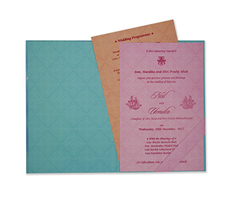 Multifaith Indian wedding invite in shades of teal and green