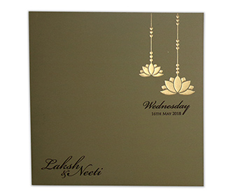 Multifaith lotus themed wedding invite in dusty olive colour