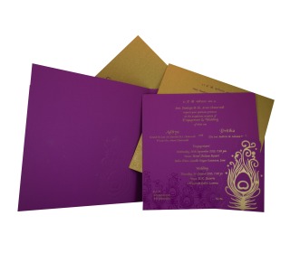 Multifaith Peacock Feather Wedding Card Design in Purple Color