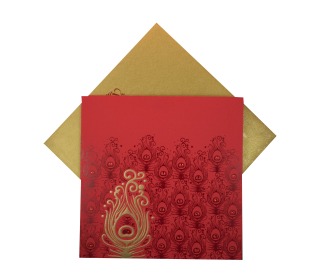 Multifaith Peacock Wedding Card Design in Red and Golden Color