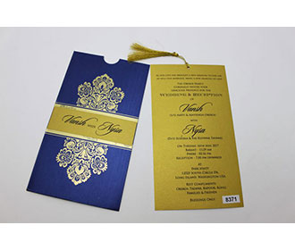 Multifaith wedding card in blue with golden design & pullout insert - 