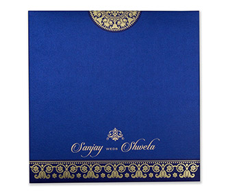 Multifaith wedding card in royal blue with golden motifs
