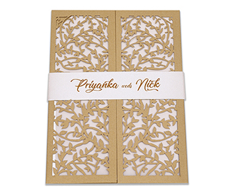 Multifaith wedding card with intricate laser cut leaf design in golden