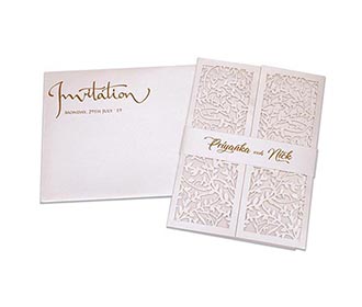 Multifaith wedding card with intricate laser cut leaf design in white