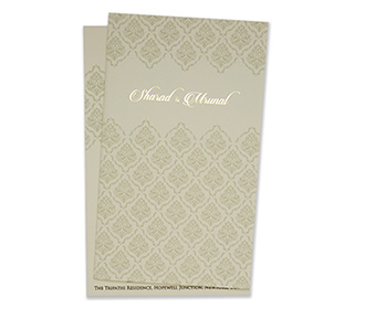 Multifaith wedding invitation card in cream color with grey color motifs