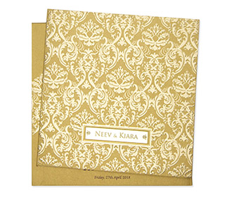 Multifaith wedding invitation card in golden with embossed motifs