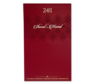 Multifaith wedding invitation card in red color with maroon color motifs