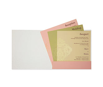 Multifaith wedding invitation card in rose blush with embossed motifs