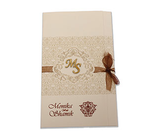 Multifaith Wedding invitation in biscuit colour with brown ribbon