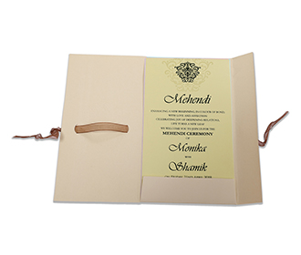 Multifaith Wedding invitation in biscuit colour with brown ribbon