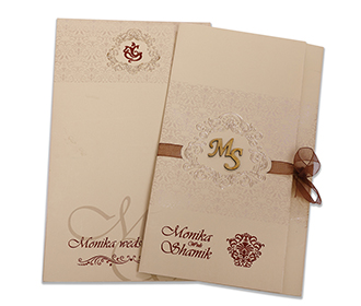Multifaith Wedding invitation in cream colour with brown ribbon