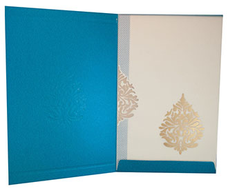 Multifaith Wedding Invitation in Ivory and Blue with Motifs