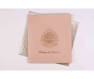 Multifaith wedding invite in baby pink with cut out motifs