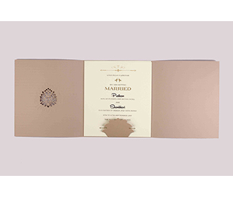 Multifaith wedding invite in dusty lilac with cut out motifs