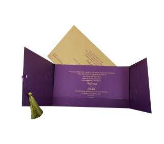 Muslim Designer Wedding Card in Purple with Golden Patterns